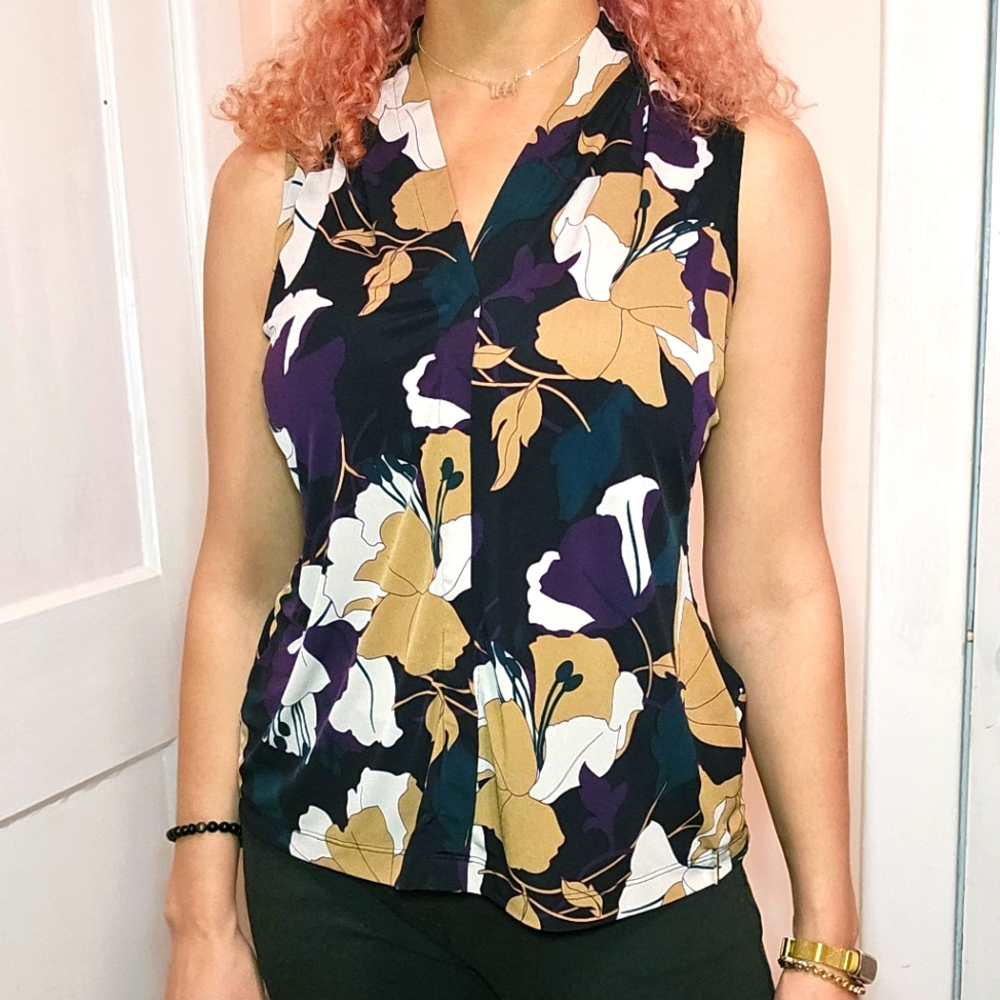 Floral Sleeveless Top - Black, Purple, Gold